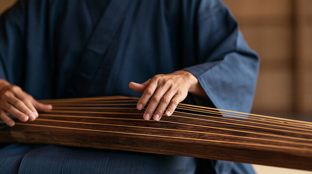 Traditional musician skillfully playing a long stringed zither instrument at home, dressed in a blue kimono, cultural music heritage concept, with copy space