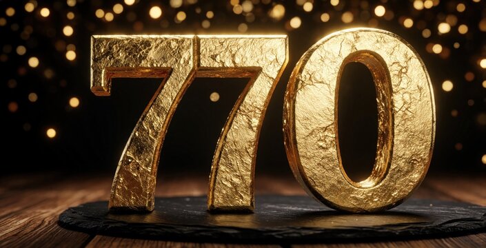 Large gold numbers 770 stand on dark stone plate atop wooden table. Shiny textured metallic digits glow against bokeh light background. Luxury 3D typography for anniversary celebration, milestone