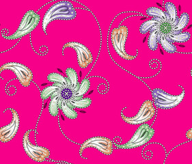 Seamless repeating pattern with paisley motifs placed at different angles, balanced by smaller floral elements and filler © Venkatsai