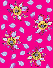 Seamless repeating pattern with paisley motifs placed at different angles, balanced by smaller floral elements and filler © Venkatsai