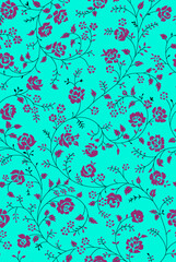 Seamless repeating pattern with paisley motifs placed at different angles, balanced by smaller floral elements and filler © Venkatsai