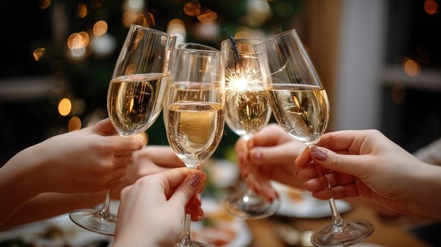 Friends raise their glasses to toast as they enjoy a festive celebration filled with laughter and good cheer in a cozy setting