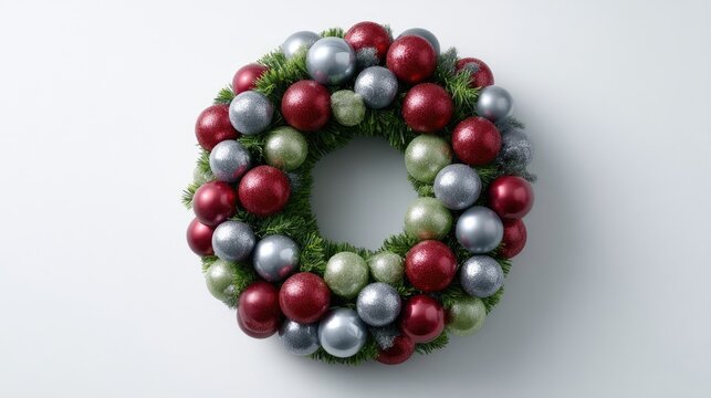 Decorative holiday wreath made from vibrant red and green ornaments is perfect for adding a festive touch to any space during celebrations