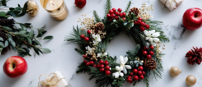 Decorative holiday wreath made from vibrant red and green ornaments is perfect for adding a festive touch to any space during celebrations