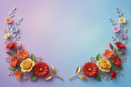 Symmetrical floral wreath border featuring vibrant red, orange, and yellow roses and daisies arranged against a soft lavender and sky blue gradient.
