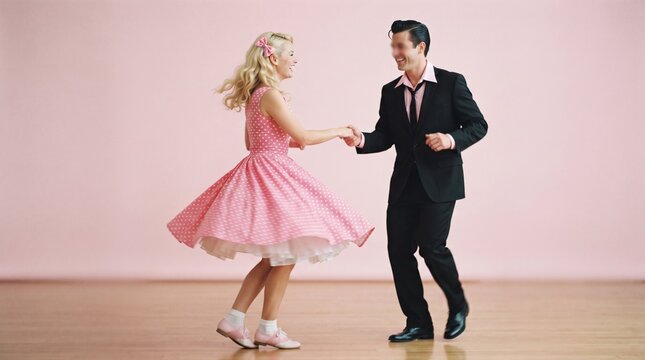 Couple dancing rock and roll in retro style with woman in pink polka dot dress and man in suit