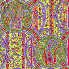 Seamless repeating pattern with paisley motifs placed at different angles, balanced by smaller floral elements and filler © Venkatsai