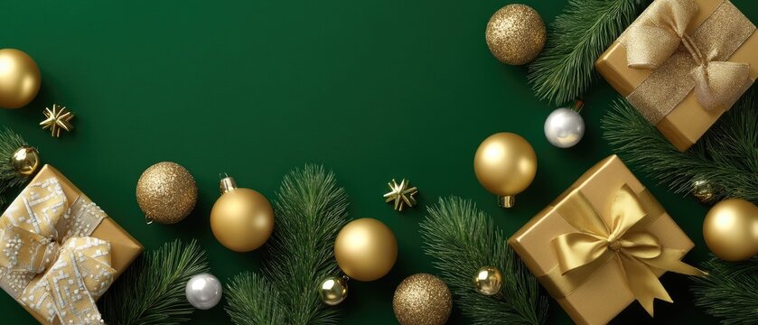 Colorful gifts and shiny ornaments are arranged on a green surface, creating a cozy and festive atmosphere for the holidays