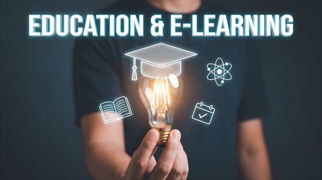 Person holding a glowing lightbulb with a graduation cap inside representing education