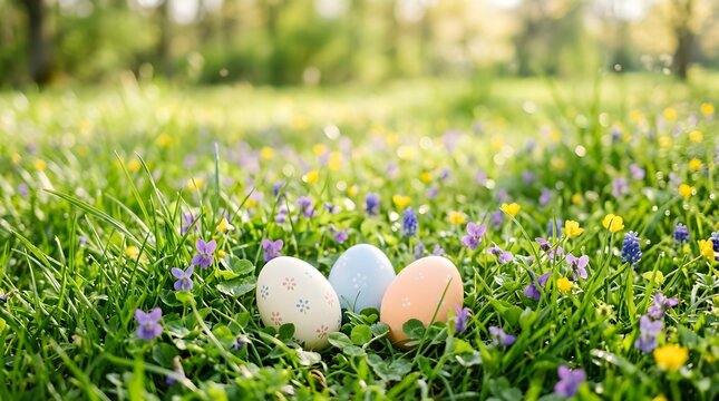 Colorful easter eggs hidden amongst lush green grass and springtime blooms