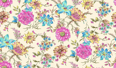Seamless repeating pattern with paisley motifs placed at different angles, balanced by smaller floral elements and filler © Venkatsai