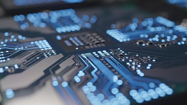 Extreme Macro of Silicon Microchip Wafer with Glowing Circuit Traces