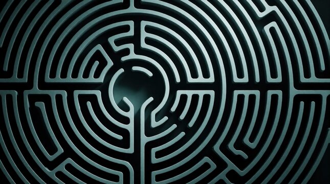 Abstract circular labyrinth with complex interconnected paths, concentric rings. Dark geometric maze pattern represents difficult puzzle mental challenge. Conceptual design shows winding way to