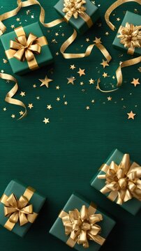 Brightly wrapped gifts in different sizes are set on a table, creating a joyful atmosphere near evergreen decorations and pine cones