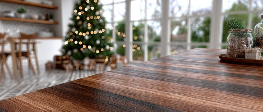 Wrapped boxes rest on a wooden table in a cozy living room with a bright Christmas tree and a glowing fireplace, festive vibes abound