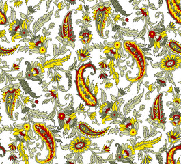 Seamless repeating pattern with paisley motifs placed at different angles, balanced by smaller floral elements and filler © Venkatsai