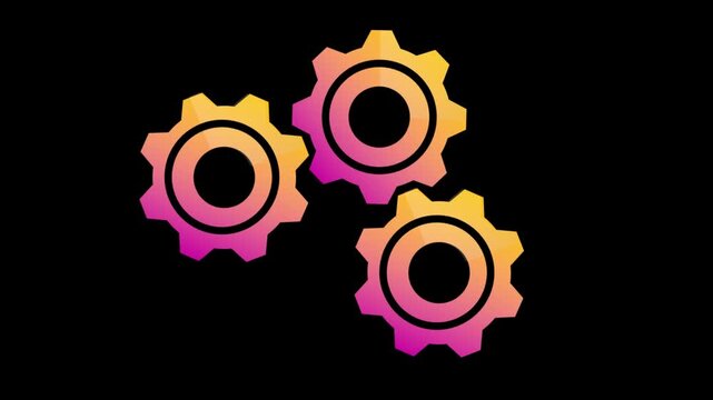 Animated Three Colorful Gear Wheels Spinning Together on Solid Black Background Representing Engineering and Industrial Mechanical Concepts