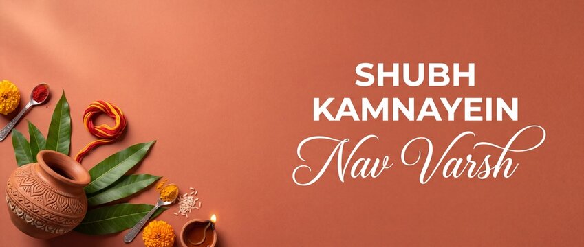Hindu New Year Festival Banner with traditional clay kalash, diya, marigold flowers, kumkum haldi, and mango leaves for Shubh Nav Varsh celebration background, greetings card with copy space.