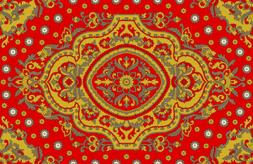 Seamless repeating pattern with paisley motifs placed at different angles, balanced by smaller floral elements and filler © Venkatsai
