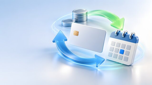 3D illustration of recurring payment flow with credit card