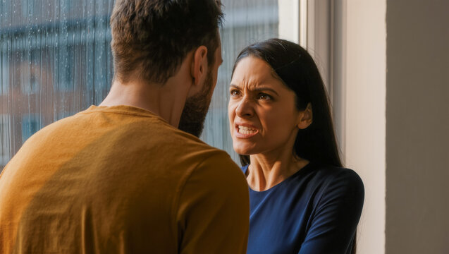 Angry woman snarling at man beside window at home