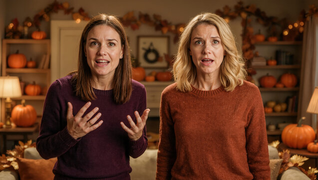 Two frustrated women gesturing in room with autumn pumpkin decor