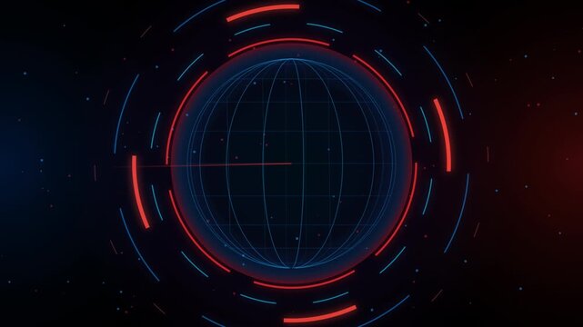 Digital wireframe globe rotating with circular radar scanning lines on dark abstract background.
