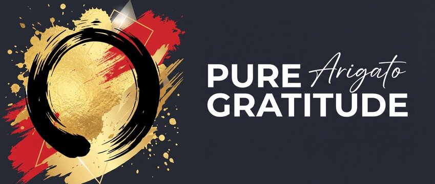 Japanese Enso Circle Gratitude Background with gold foil splatter and brush stroke art for pure arigato thank you message banner design displaying elegance, mindfulness, appreciation, and zen style.