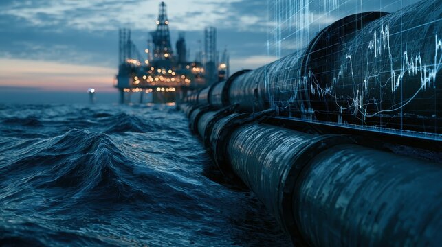 Pipeline stretching across ocean, offshore rig, financial data overlay