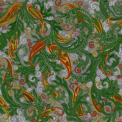 Seamless repeating pattern with paisley motifs placed at different angles, balanced by smaller floral elements and filler © Venkatsai
