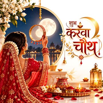 raditional Karwa Chauth Puja with Woman and Moonlit Night Background

