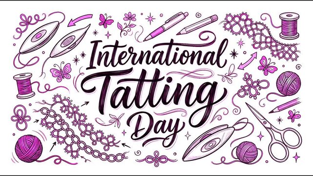 International Tatting Day Doodle Vector Illustration: Hand-Drawn Lace Making Tools, Shuttles, Threads, and Decorative Elements for Craft and Hobby Design
