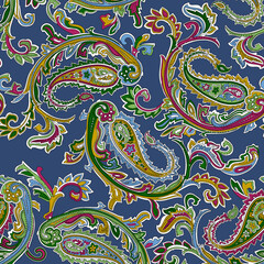 Seamless repeating pattern with paisley motifs placed at different angles, balanced by smaller floral elements and filler © Venkatsai