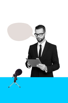 Vertical poster collage young handsome gentleman entrepreneur microphone tablet device interview browsing textbox speech bubble