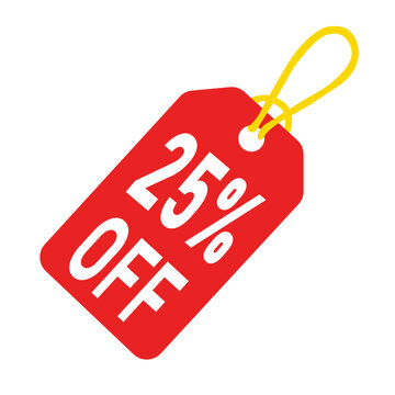 Red Discount Sale Tag with 25% Off Text and Yellow Hanging String Isolated on White Background.  Resizable and editable, EPS 10.