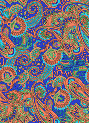 Seamless repeating pattern with paisley motifs placed at different angles, balanced by smaller floral elements and filler © Venkatsai