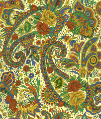Seamless repeating pattern with paisley motifs placed at different angles, balanced by smaller floral elements and filler © Venkatsai