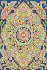 Seamless repeating pattern with paisley motifs placed at different angles, balanced by smaller floral elements and filler © Venkatsai