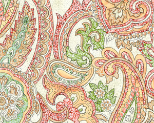 Seamless repeating pattern with paisley motifs placed at different angles, balanced by smaller floral elements and filler © Venkatsai