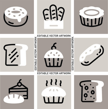  Minimalist bakery icon set, modern sweet dessert line art symbols, collection of 9 pastry vector icons for cafe menu design