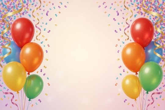 Glossy balloons, confetti, and gold ribbons party background design.