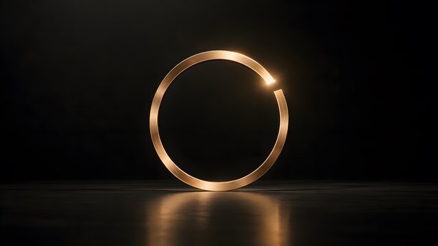 Golden circular ring with a break and reflective surface rests on a dark surface