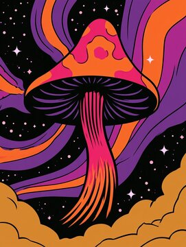 Psychedelic cosmic mushroom floating in space 1970s groovy art poster