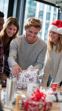 Friends share joyful moments as they exchange gifts while wearing festive hats, creating a warm holiday atmosphere filled with laughter