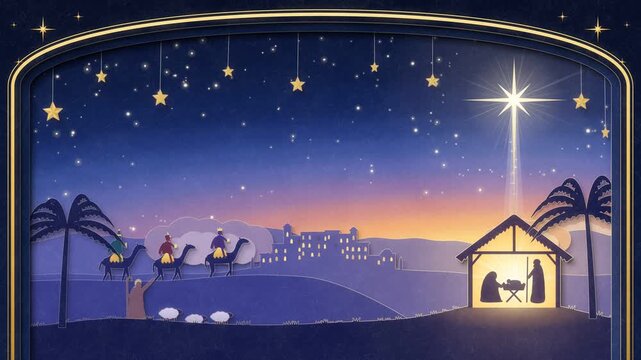Christmas nativity paper cut lightbox with star of Bethlehem, three wise men on camels, shepherd and stable with holy family at night, seamless loop