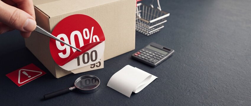 Hand using tweezers to peel fake ninety percent discount sticker revealing hidden price on cardboard box beside shopping cart and calculator