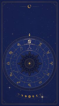 Zodiac wheel with twelve astrology signs and constellations in gold foil on dark blue paper, rotating horoscope dial, vertical video seamless loop