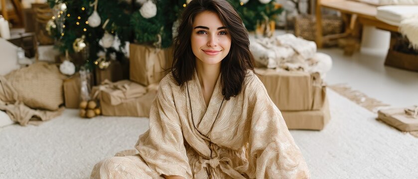 A cheerful woman relaxes in a warmly decorated room filled with gifts and a festive tree, creating a joyful holiday atmosphere