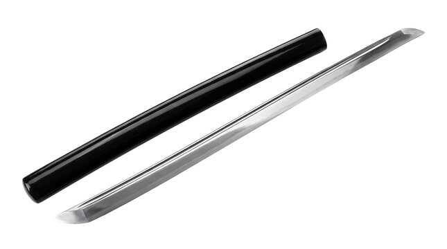 Japanese katana sword blade and black lacquer scabbard, traditional samurai steel weapon, polished martial arts saber equipment isolated PNG with Transparent Background