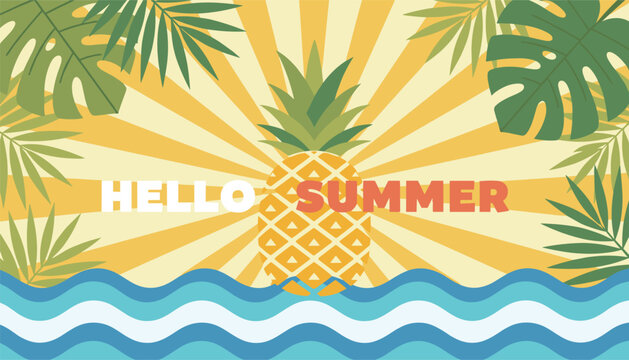 Bright summer background featuring a central pineapple, tropical palm leaves, blue ocean waves, and sunburst text.